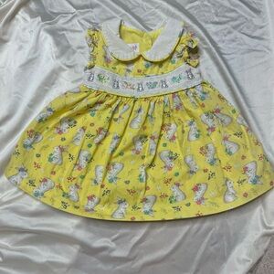 BonnieBaby 0–3M Smocked Easter Bunny Dress Yellow Spring Floral Peter Pan Collar